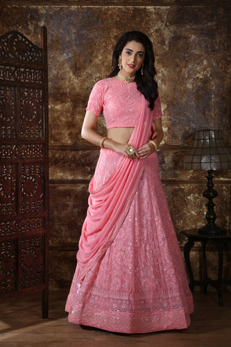 Gangbusters Dusty Pink Georgette Thread & Sequence Embroidered Work With Cracking Lahenga Choli