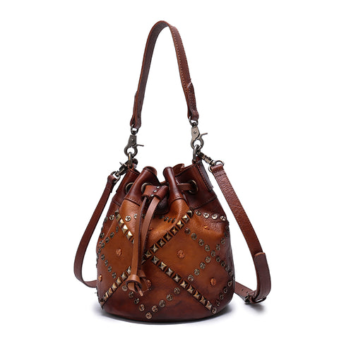 Vintage Leather Purse Bucket Handbags Shoulder Crossbody Bags