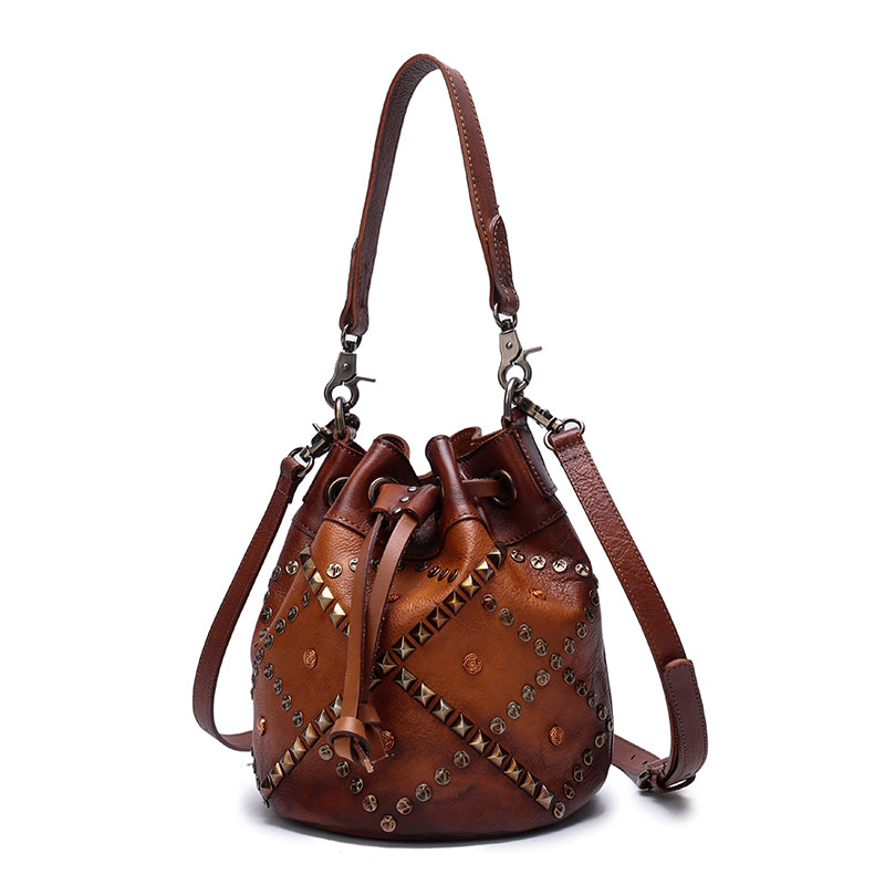 Brown Distressed Leather Rivet Western Drawstring Bucket Bag Purse – iLeatherhandbag