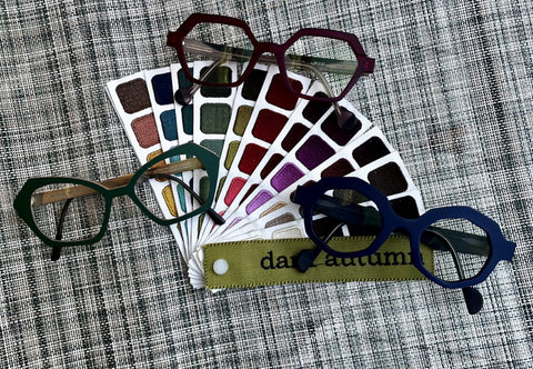 Indigo Tones Dark Autumn Swatch Book palette with Dark Autumn eyeglass frames from One Hip Chic Optical Rochester, NY