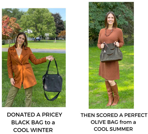 Warm Autumn Erin Sirianni donating a black bag to a Cool Winter and getting an Olive Bag from a Cool Summer