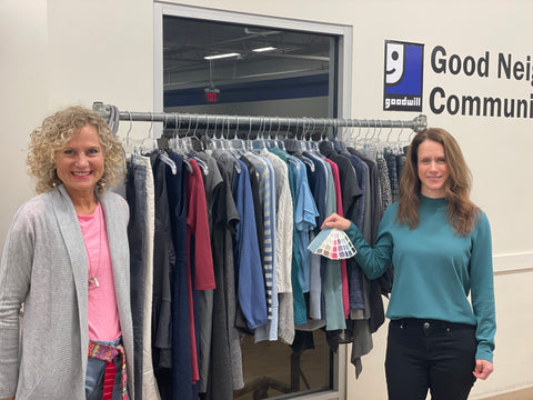 Personal Color Consultant Kerry Jones shopping with a Soft Summer color swatch with her client at Goodwill