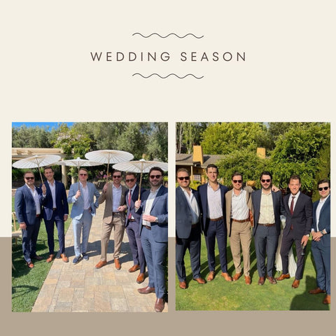 Tim Stich in Beige Suit with friends in Navy suits