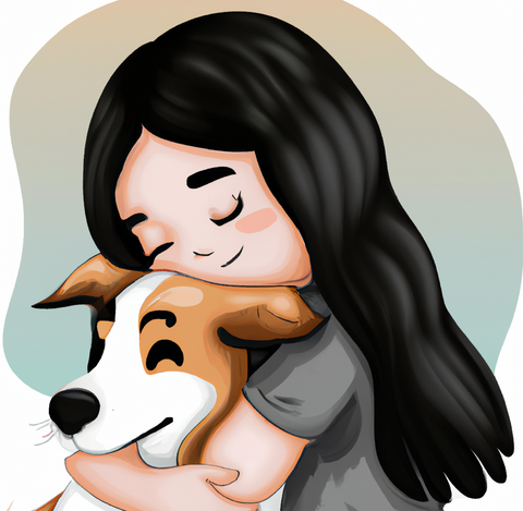 illustration of a woman with black hair hugging a white and light brown indie dog