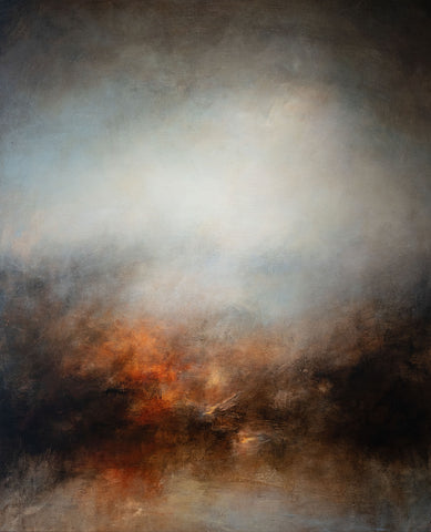 Atmospheric oil painting by Kerr Ashmore, dark rich grey tones with warm tones in the centre
