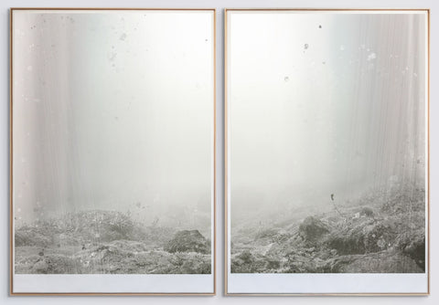 The peak by Kristina Chan, Black & White photography showing rocky landscape, two pieces hung together in slim wooden frames
