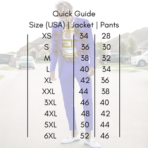 Mens Sizing suit chart guide
