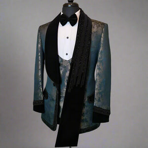 Men's Luxury Beaded Crystal Lapel Navy Blue Jacquard Blazer Formal 2 Piece Suit - ENE TRENDS