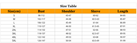 coat size chart