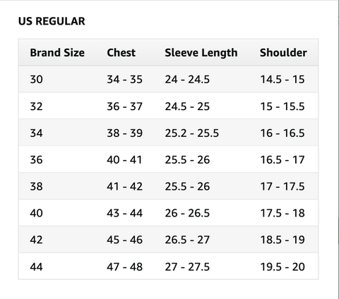 Size chart for party mens blazer