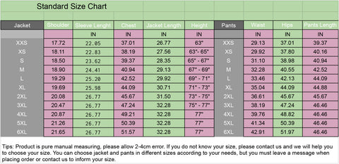 Size Chart For mens suit