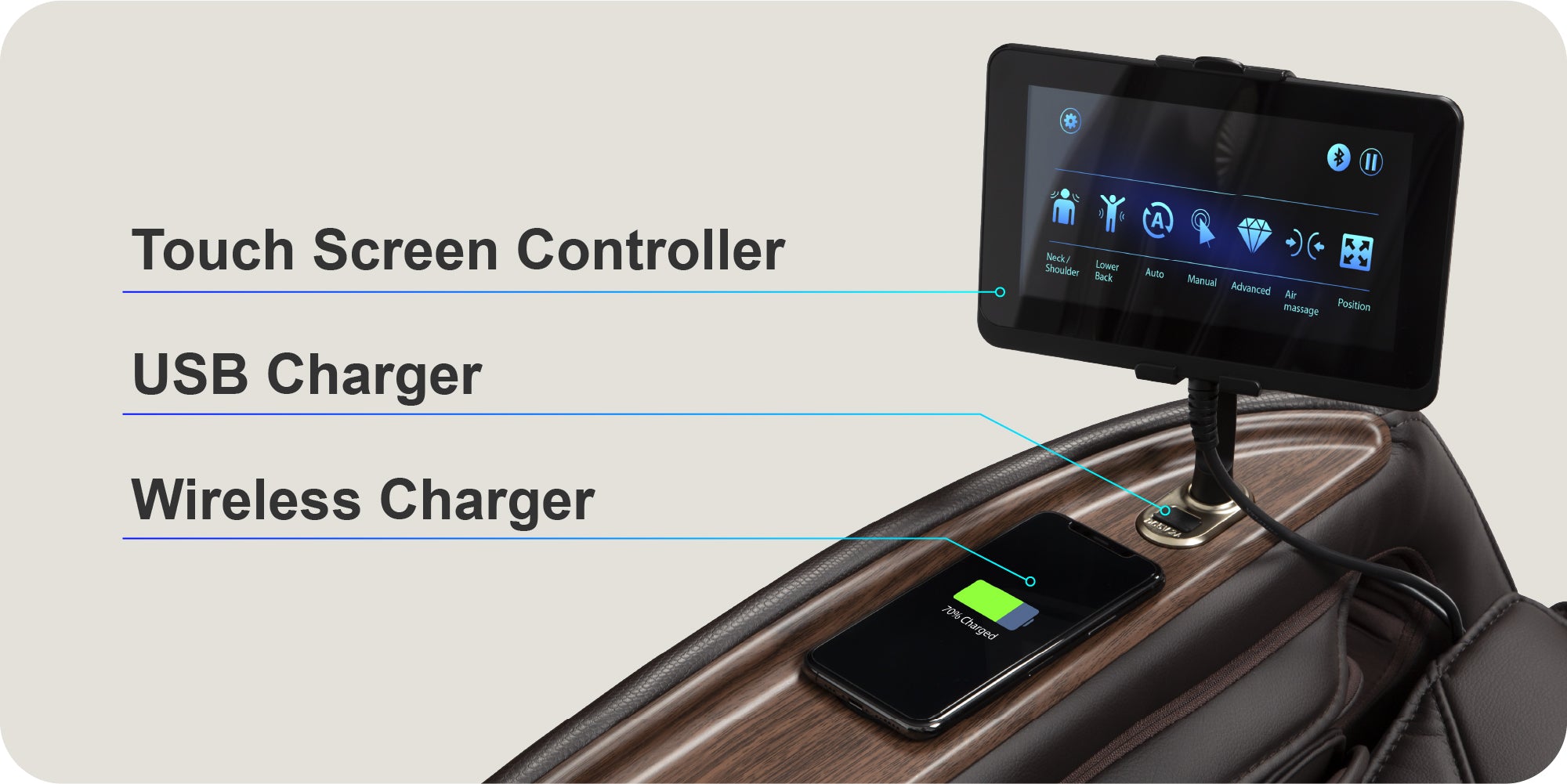 Osaki OS-Pro 4D Emperor touch screen, usb charger, wireless charger