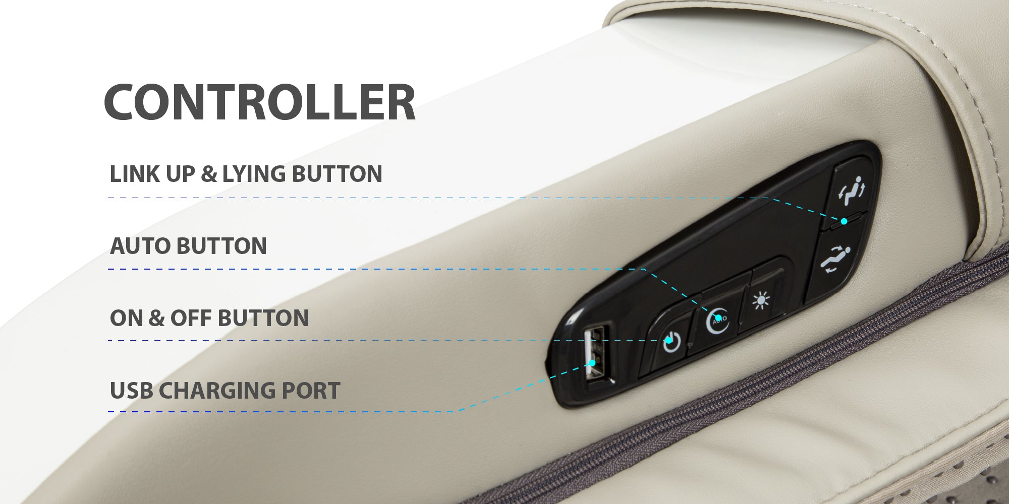 controller - link up & lying button, auto button, on&off button, usb charging port