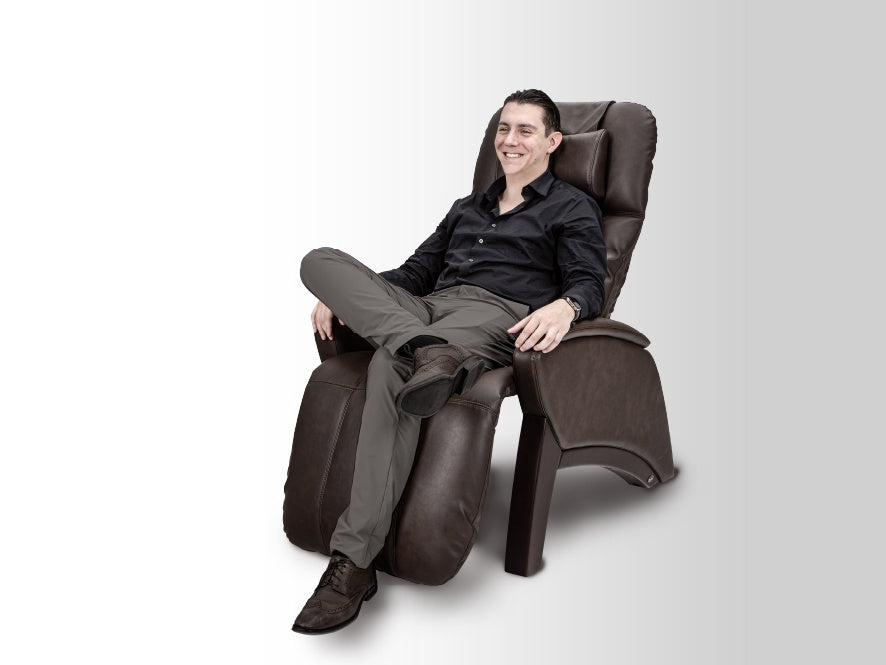 Furniture, Smile, Comfort, Sleeve, Chair, Collar, Blazer, Knee, Automotive design, Formal wear