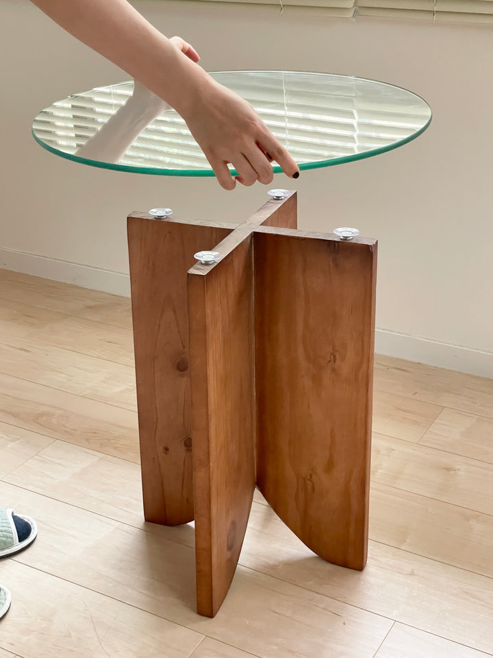 ガラス レコードテーブル 2段 Φ50cm (レッドイエロー) 組み立て 円形