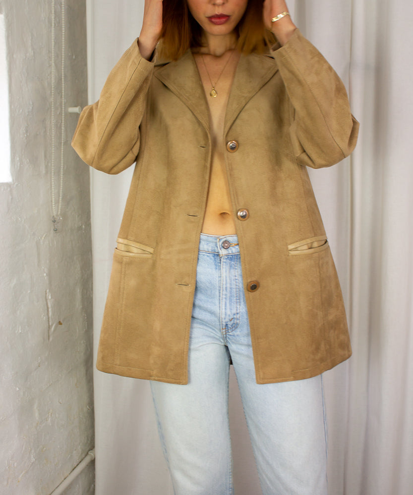 90'S EMPORIO ARMANI TAN VEGAN SUEDE JACKET (AU10-14) – Handpipped Vintage