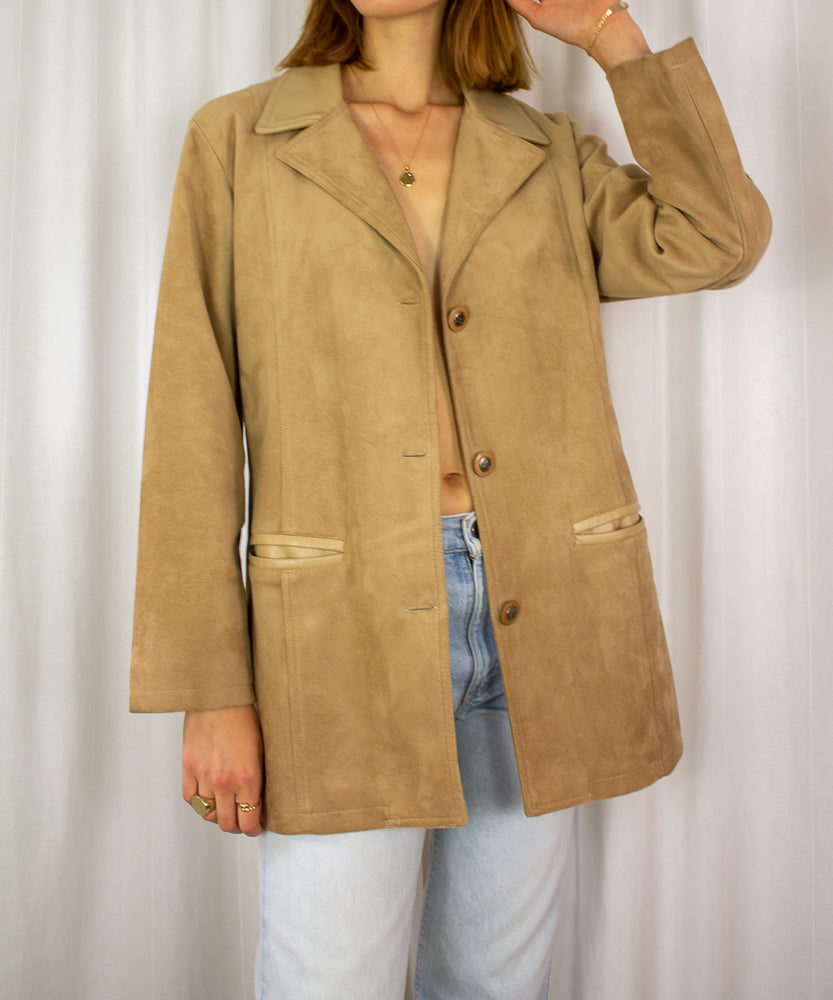 90'S EMPORIO ARMANI TAN VEGAN SUEDE JACKET (AU10-14) – Handpipped Vintage