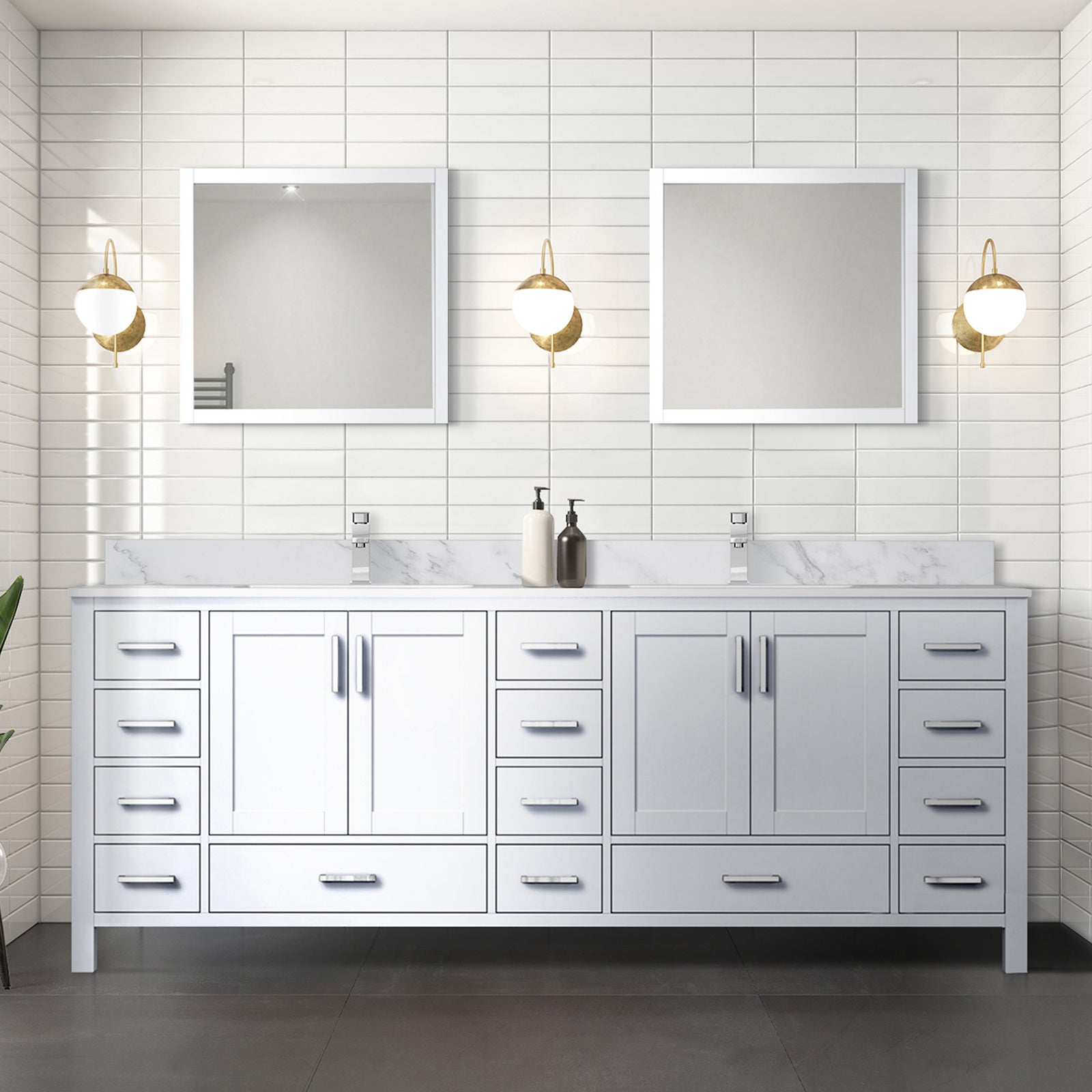 White Double Bath Vanity 84 in. W x 22 in. D, Carrara Marble Top, and Faucet Set