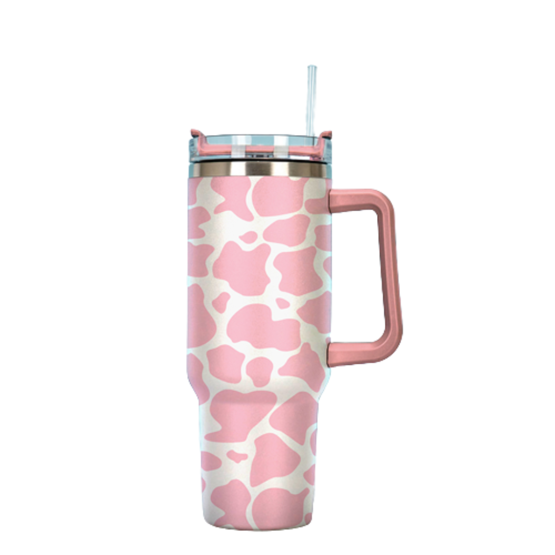 Pink Leopard Tumbler with Handle - Front Porch Boutique, LLC.