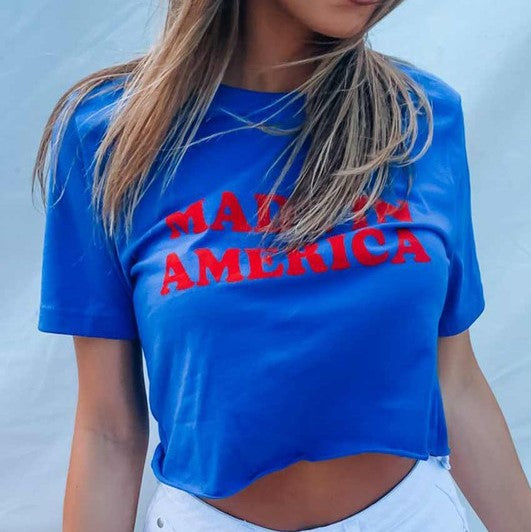 Royal Blue Made In America Crop Graphic Tee - Front Porch Boutique