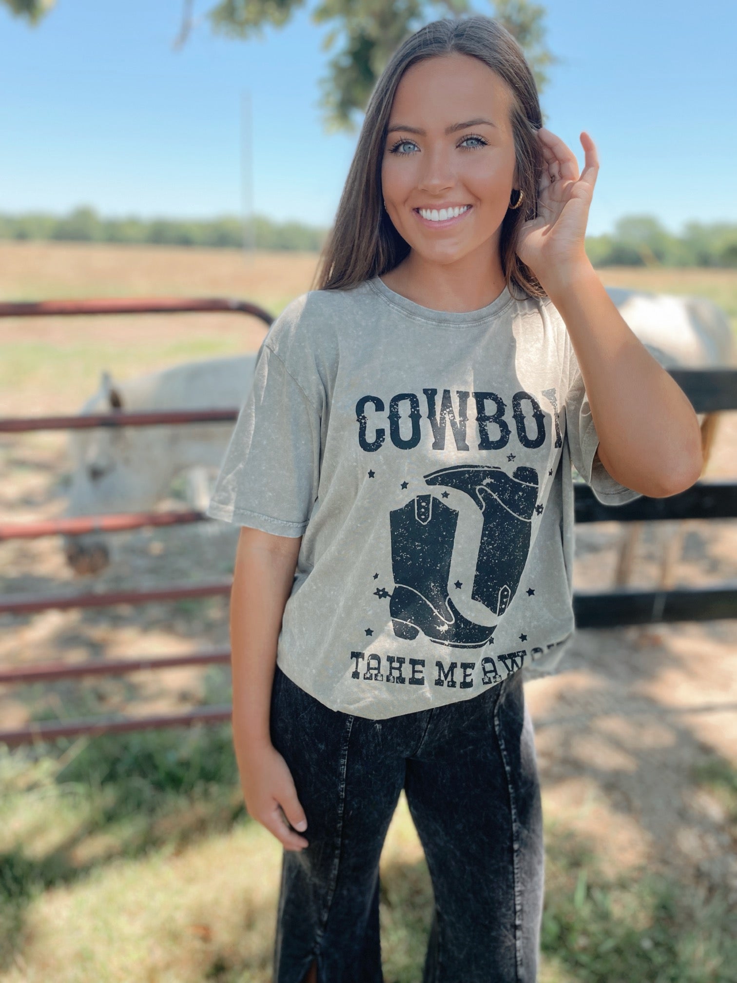 Cowboy Take Me Away Country Graphic Tee - T Shirt Dress - Mineral Wash Gray