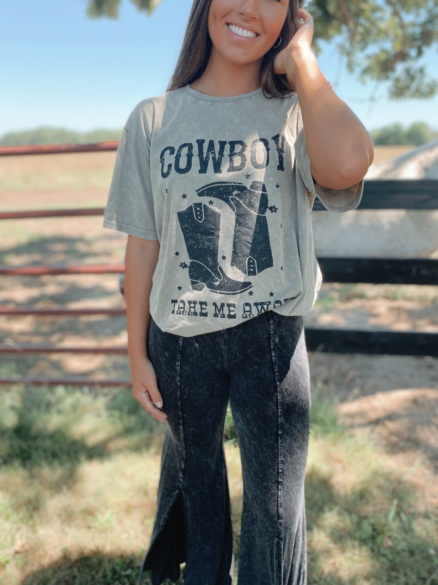 Cowboy Take Me Away Country Graphic Tee - T Shirt Dress - Mineral Wash Gray