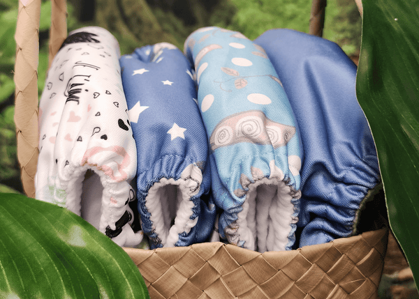 A group of four New Snazzipants All-in-One Cloth Nappy prints from the Brolly Sheets Whimsy Collection.