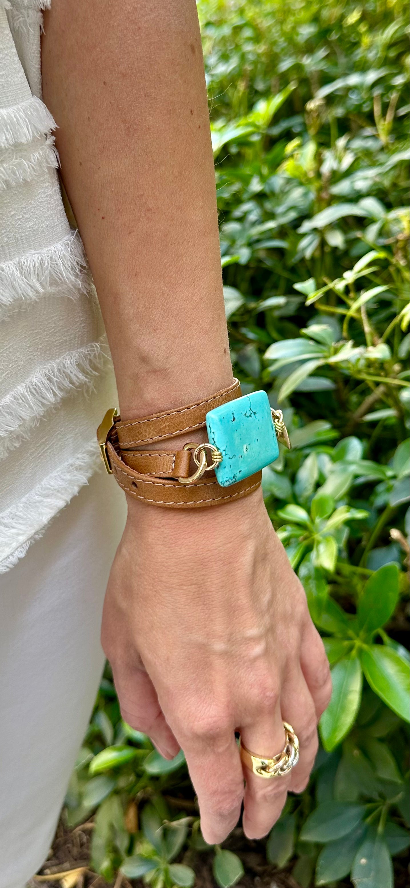 Triple Wrap Camel Leather Bracelet with Rectangle Turquoise Stone