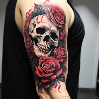 tatouage tête de mort rose bras homme