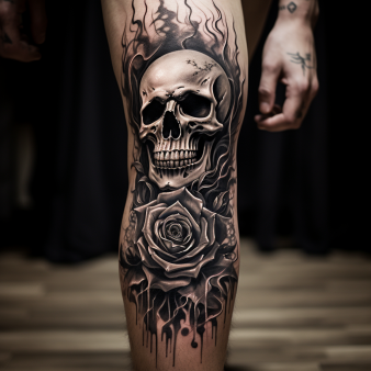 tatouage tête de mort rose jambe homme