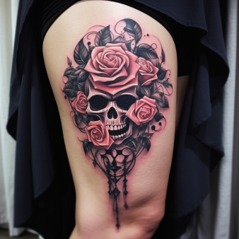 tatouage tête de mort rose jambe