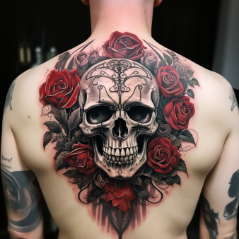 tatouage tête de mort rose dos homme