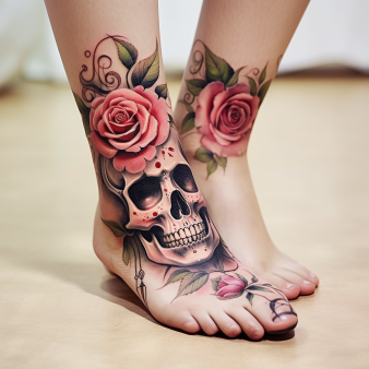 tatouage tête de mort rose cheville