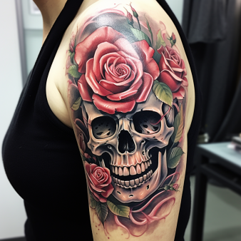 tatouage tête de mort rose bras femme