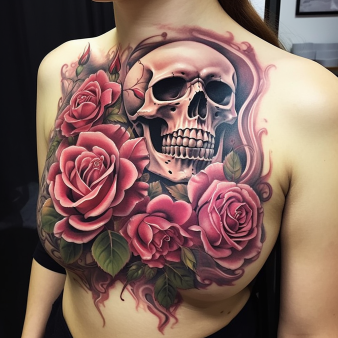 tatouage tête de mort rose corps femme