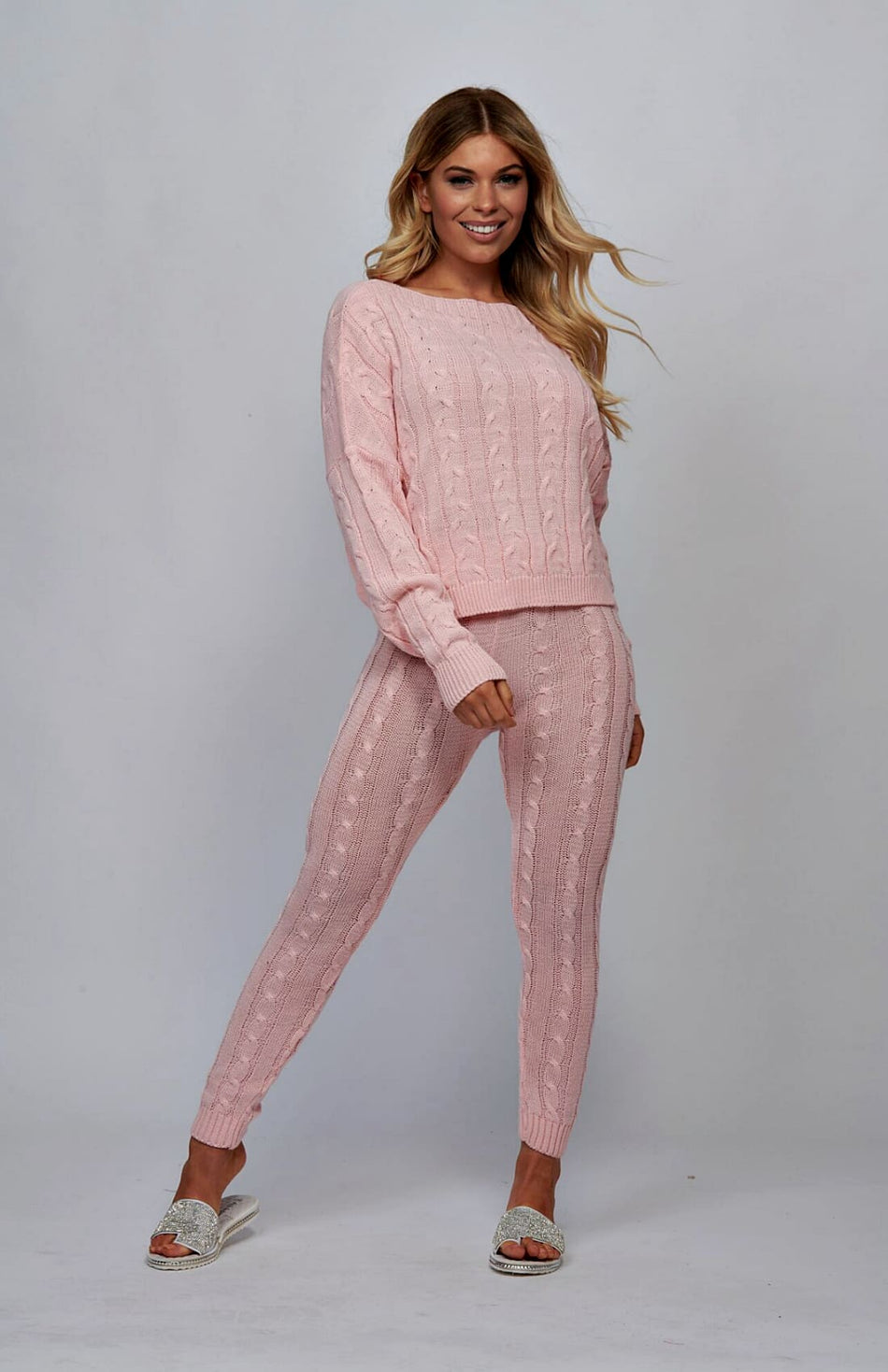 Womens Ladies Chunky Cable Knitted Co-ord Top Legging Loungewear Tracksuit  Set