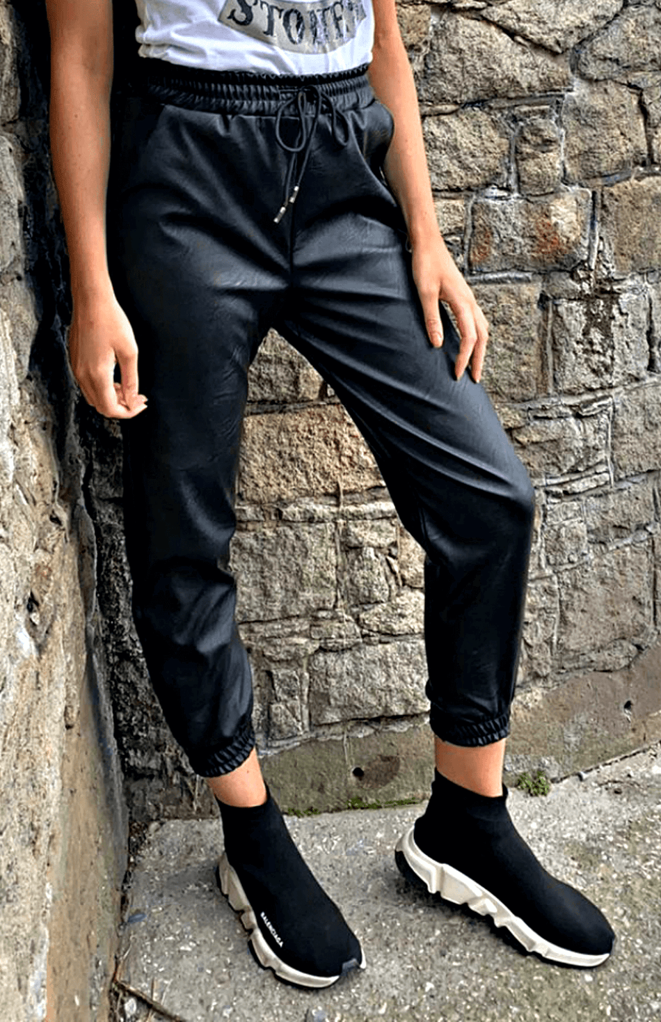 black pu joggers