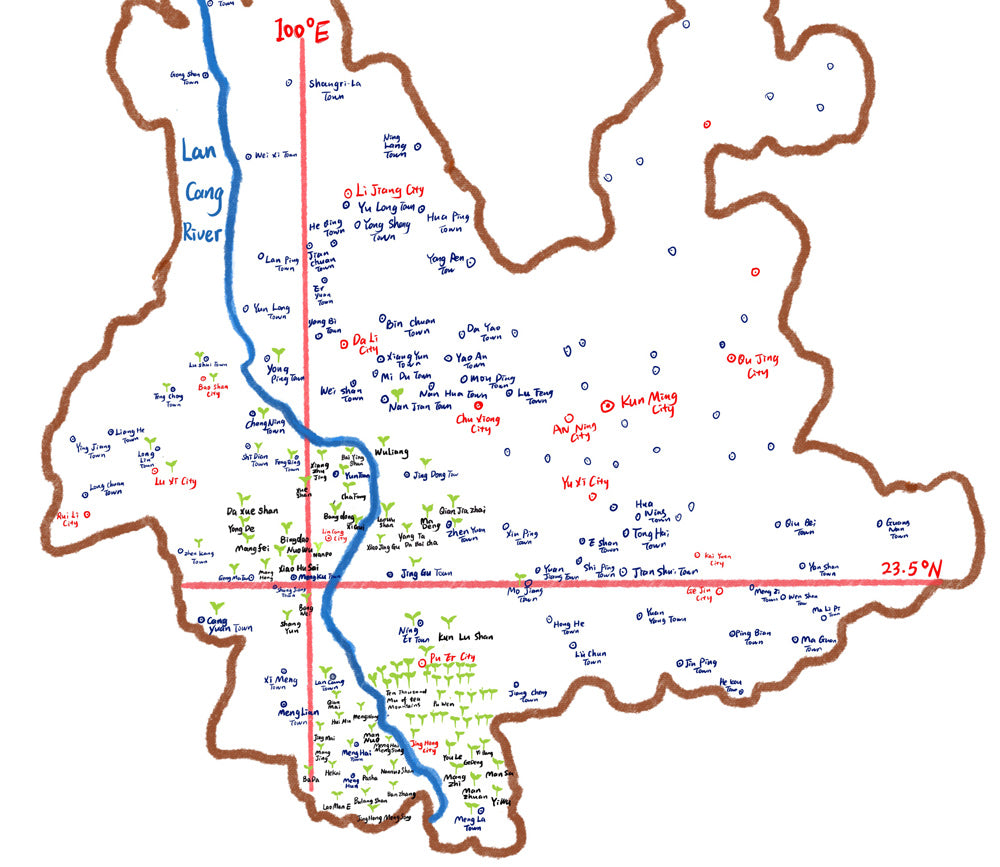 Karte der Pu Erh Tee Region in Yunnan