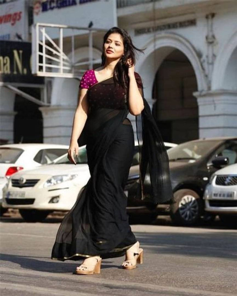 Buy Stylish Black Chanderi Cotton Saree With Pink Brocade Blouse | FAREWELL PARTY SAREE LOOK