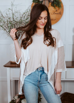 Danielle Oatmeal And White Mixed Fabric Knit Top