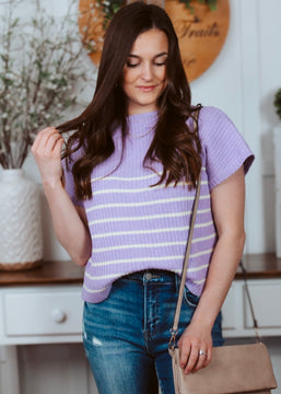 Abby Lavender Striped Knit Short Sleeve Top