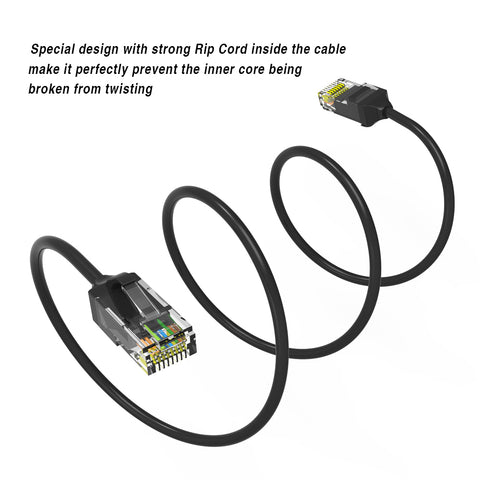 1Ft 28AWG Slim Cat6 Ethernet Patch Cable Booted Special Design with strong Rip Cord