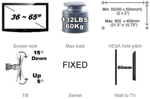 TV Mount for 36~65", Tilt, Max 800x400mm VESA, Lockable, BWLT102L