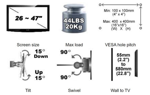 Counterbalance 26~47" LED LCD TV Mount w/22.8" Arm FullMotion LDA08-442