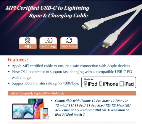 6Ft MFi Certified USB-C To Lightning Sync & Charging Cable White Details