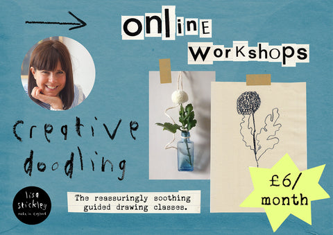 online guided drawing classes poster with flower drawing and photo of artist