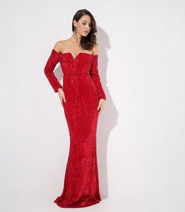 off the shoulder floor length dress