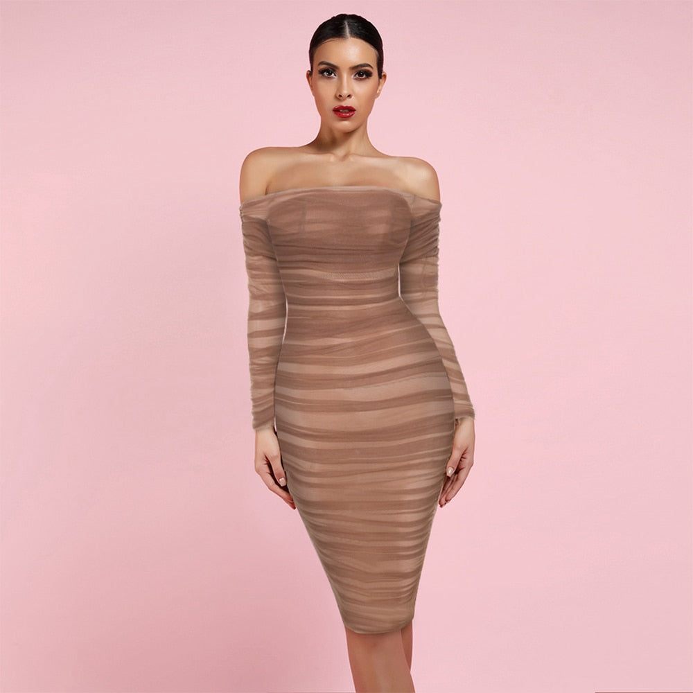 off shoulder ruched bodycon dress