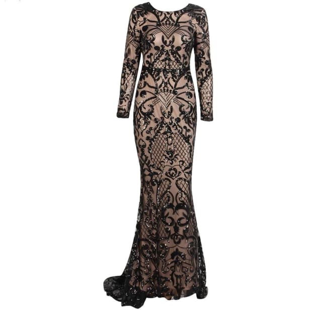 long sleeve black sequin evening gown