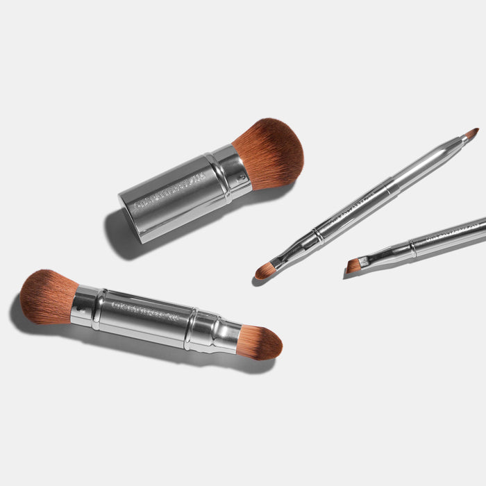 Otis Batterbee Retractable Makeup Brush Set in Silver Metal. Featuring Kabuki Makeup Brush, Double-Ended Makeup Brush with Foundation Brush and Blusher Brush, Makeup Duo Pen Brushes for Touch Ups.